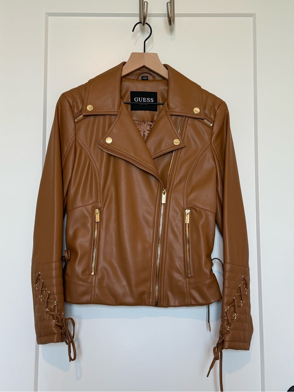 GUESS Cognac Faux Leather Lace-Up Moto Jacket Small